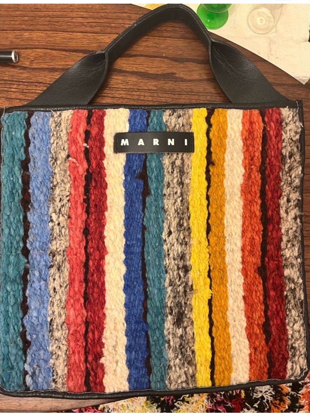 Marni Multicolor Wool-Striped Tote with Black Leather Handles